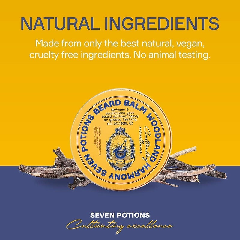 Seven Potions Beard Balm 2 oz. 100% Natural Softener with Jojoba Oil - Nourishes, Softens, Stops Itch, and Leaves Healthy Shiny Beard (Woodland Harmony) - Image 3